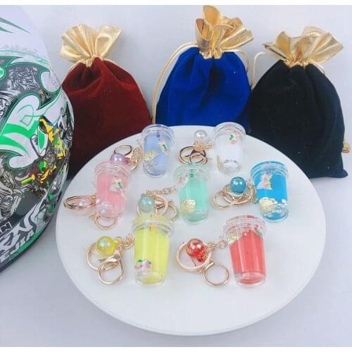 Creative Mini Unicorn Key Chain Imitation Milk Tea Beverage Key Ring Pearl Tea Mobile Liquid Oil Drop Pressure Jewelry Gift