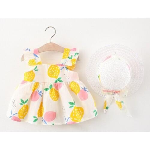 Summer Infant Baby Girl Dress Lemon Print Birthday Dress Hat 2Pcs Baby Outfits Toddler Girls Clothing 0-2 y Newborn Clothes