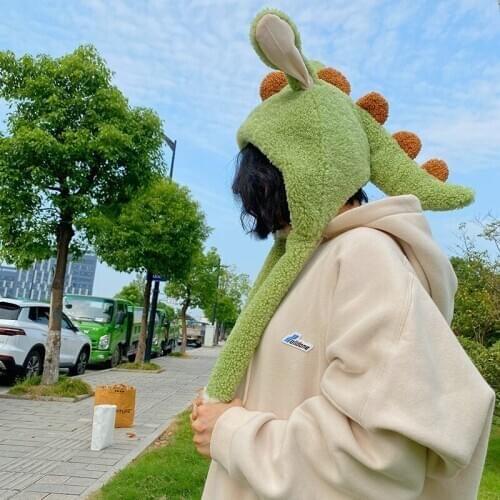 Cute and Funny Little Dinosaur Hat Ear-Moving Hat WinterPlus Velvet To Keep Warm Will Move and Warm Fun Multifunctional Headgear
