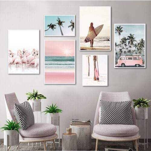 Pink Beach Flamingo Palm Tree Surfboard Wall Art Canvas Painting Nordic Posters And Prints Wall Pictures For Living Room Decor