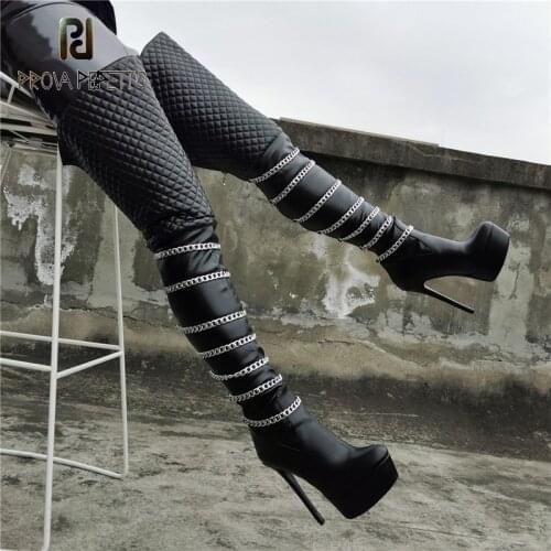 Round-toe Waterproof Platform Stiletto High-heeled Chain Rhombus Stitching Over The Knee Long Boots Fashionable Thin Thigh Boots