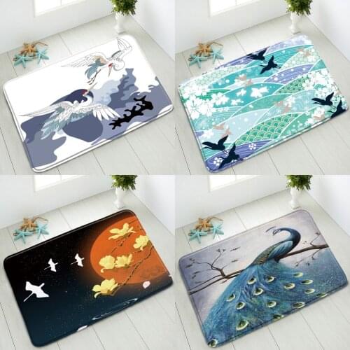 Non-Slip Bathroom Mat Flower Plant Peacocks Bird Ocean Wave Landscape Bedroom Kitchen Doormat Absorbent Carpet Flannel Washable