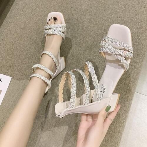 New fashion ladies sandals summer Roman retro feng rhinestone back zipper bag with square toe high heels elegant