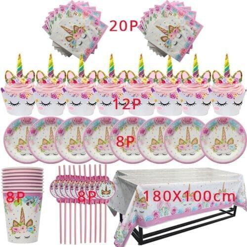Unicorn Party Disposable Tableware Sets for 8 Guests Unicorn Tablecloth Cup Napkin Baby Shower Birthday Party Kids Favors
