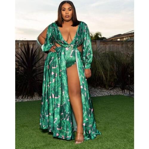 Wholesale Items Green Printed Women Dresses Summer 2021 Plus Size XL-5XL Deep V Neck Long Sleeve Holiday Party And Club Robe