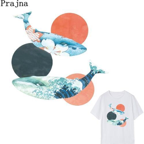 Prajna Water Whale Iron on Transfer Patch Stickers Washable Easy Print By Household Irons T-shirt Dresses DIY Accessory E