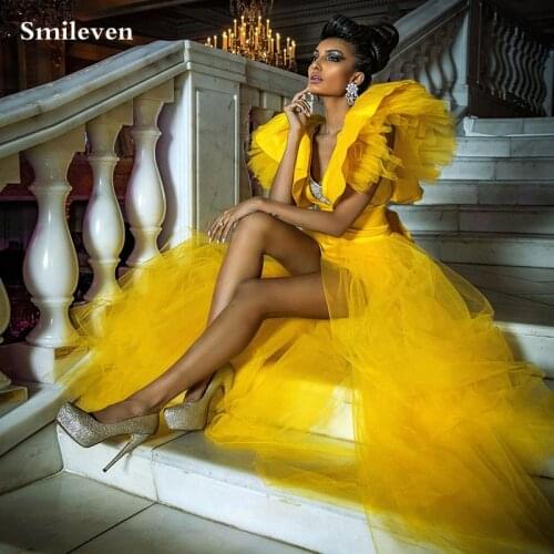 Smileven Princess Prom Gowns Sexy V Neck Puff Tulle Long Evening Dress Side Split Prom Party Dresses With Crystal