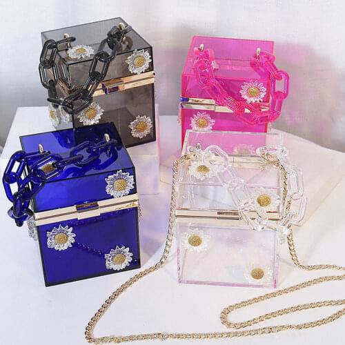 Fashion Acrylic Women Evening Bag Square Transparent Daisy Flower Lady Wedding Handbag Purse Wallet Banquet Party Clutch Strap
