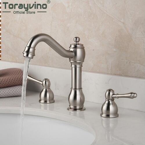 Torayvino Nickel Brushed Bathroom Faucet 3 Holes Double Handle Basin Sink Deck Mounted Bathtub Hot And Cold Mixer Water Tap