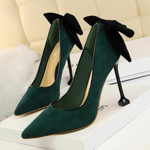 Women Pumps Shoes Butterfly-knot Flock Shallow Slip-On Pointed Toe Thin 9.5cm High Heels Wedding Lady Sexy Party Female Shoes