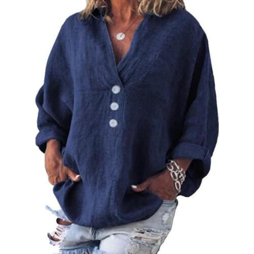 Women Blouse Solid Color V Neck Summer Long Sleeve Buttons Lapel Top for Party