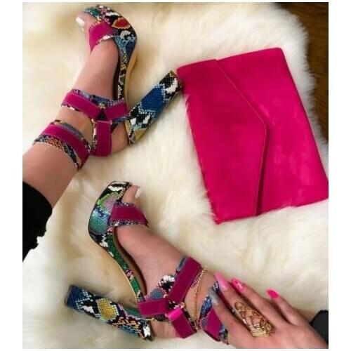 Newest 2019 Multi Snakeskin Womens Square Heel Sandals Peep Toe Cut-out Ankle Strap Buckle Platform Dress Shoes Big Sale