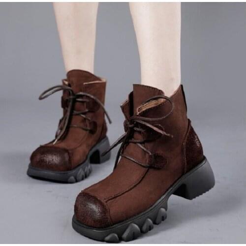 Spring Autumn New Thick Heels Platform Handmade Sewing Cross-tied Genuine Leather Women Ankle Short Equestrian Boots 0831