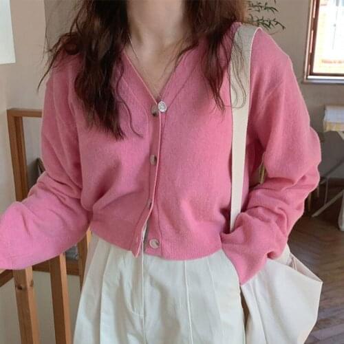 Autumn Winter Knitted Female Cardigan Loose Streetwear Knit Sweater Coat Cute V Neck Knitted Cardigan Women Mini Jacket