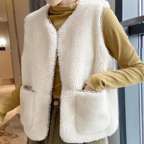 Women faux fur vest jacket spring autumn 2020 faux lamb hair loose cardigan vest
