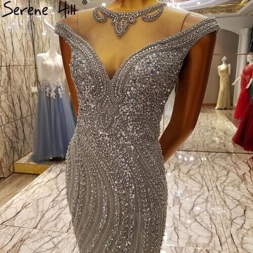 Serene Hill Luxury Sexy Sparkly O-Neck Gold Evening Dress Dubai Crystal Sequined Mermaid Formal Party Gown 2020 CLA6114