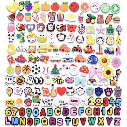 150PCS Mix Cartoon Hole Slipper Accessories Croc Jibizt For Kids Gifts Colorful Letter Animal Monkey Shoes Charms Buckles