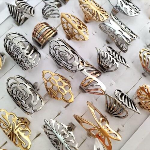 20pcs Big Head Exaggerated Style Vintage Women Gold Stainless Steel Ring Wholesale Mix Carved Flower Charm Rings for Woman