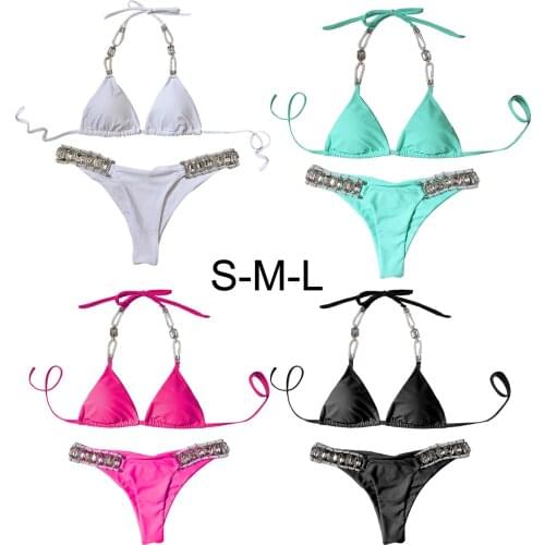 2021 Women Shiny Bikini Swimwear Push Up Halter Bra Bikini Set Crystal Biquini Summer Beach Bathing Suit Two Piece