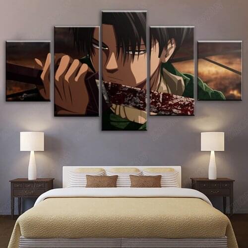 5 Panels Attack On Titan Blood Levi Ackerman Sword Posters Home Decor Modular Pictures Canvas Print Painting Wall Art Boys Room