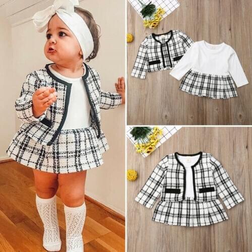 Kids Girls Clothes Toddler Autumn Long Sleeve Coat Top Tutu Girls Plaid Skirt Princess Party Dress long warm skirts Set 6M-4Y
