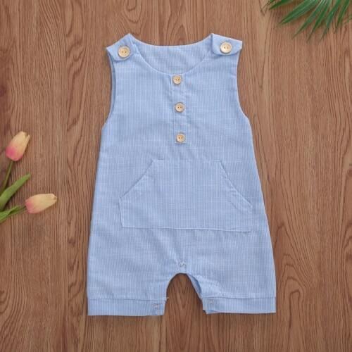 New 0-18M Baby Boy Romper One-pieces Buttons Striped Jumpsuit Cotton Linen Playsuit Sleeveless Clothes Outfits