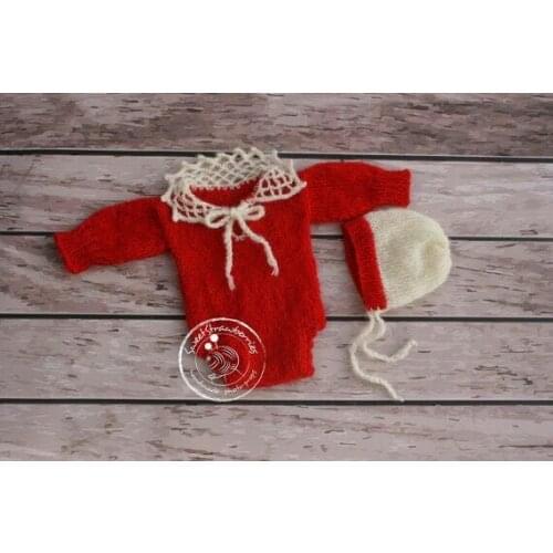 Lace Baby Christmas Outfit Mohair Newborn Girl hat Outfit Set Crochet Newborn Onesie Baby Photography Props Knitted Santa Bonnet