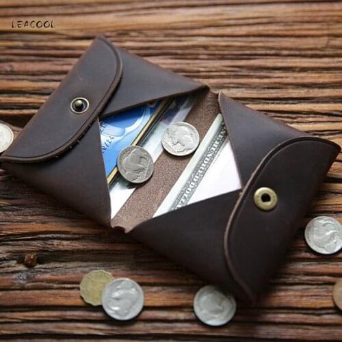 LEACOOL Vintage Small Coin Purse Mini Wallet Men Genuine Leather Pouch Hasp Pocket Key Money Card Bags