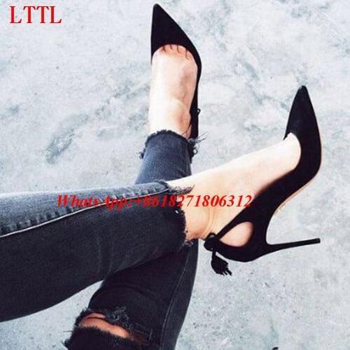 LTTL Brand Nubuck Leather Sexy Pointed Toe Ladies Stiletto Shoes Slip On Women Fringe High Heels Cut-out Lace-up Tassel Pumps