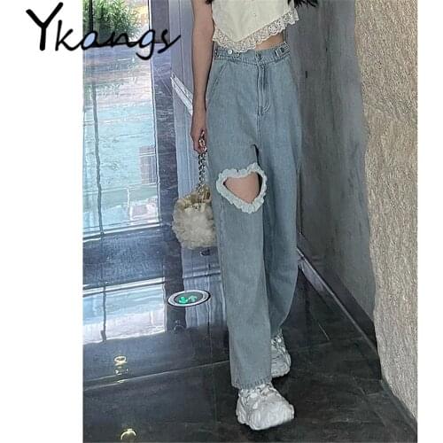 Sweet Ruffles Love Heart Hollow Out Jeans Harajuku Straight-Leg Cowboy Pants Kawaii Women Streetwear High Waist Korean Trousers