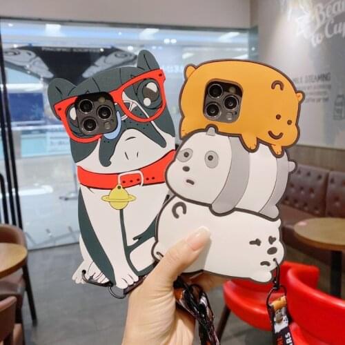 Cute 3D Silicone Anime Phone Case for iPhone 11 12 13 Pro Max X XS XR 8 7 6 6S Plus Case With Lanyard Dog Bear Unicorn Cartoon