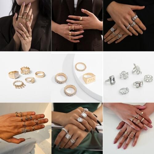 Fashion Simple Jewelry with Rhinestone Pearl Set Ring Retro 12-piece Set Various Element Set Ring Combination for Female
