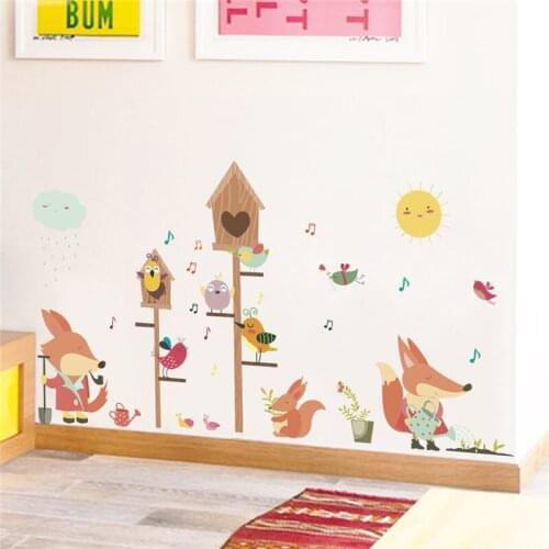 Cute Fox Bird Working And Enjoying Music Wall Sticker For Kids Room Home Decor Diy Cartoon Safari Mural Art Pvc Wall Decal