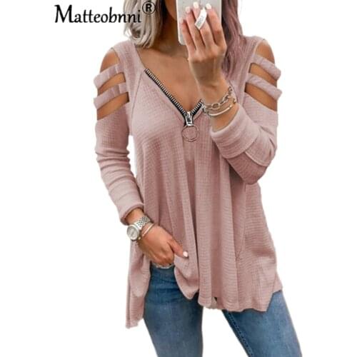 Womens New Fashion Plus Size T-shirt Sexy V-neck T-shirt Zipper Solid Short/Long Sleeve Casual T-shirt Loose Strapless T-shirt