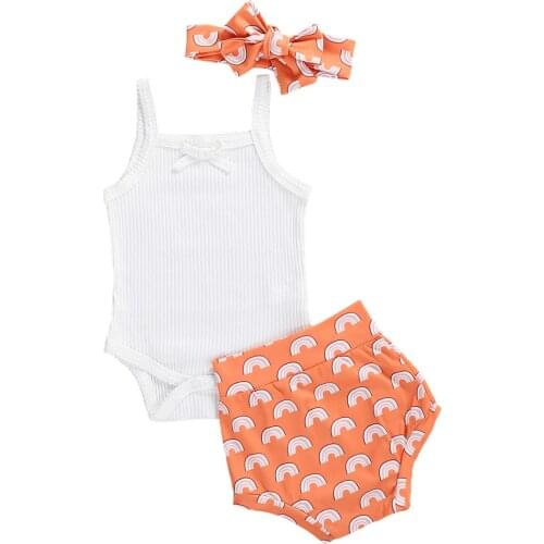 New 3Pcs Baby Girls Outfits, Sleeveless Bowknot Strap Romper + Cute Print Shorts + Headband Set