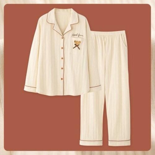 Pajamas for Women Little Bear Pajamas Ladies Cartoon Cute Casual Knitting Cotton Long-sleeved Home Service Suit Sleepwear Women