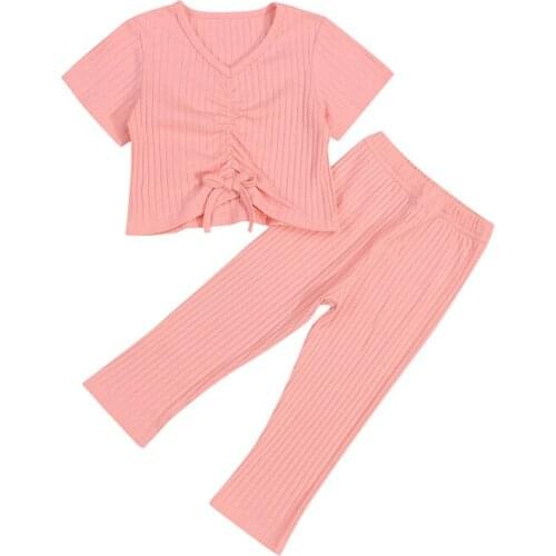 Pudcoco 6M-5Y 2Pcs Tracksuit Pink Baby Girls Summer V-Neck Short Sleeve Casual T-Shirt Ruched Tops+Pants Outfit Sets