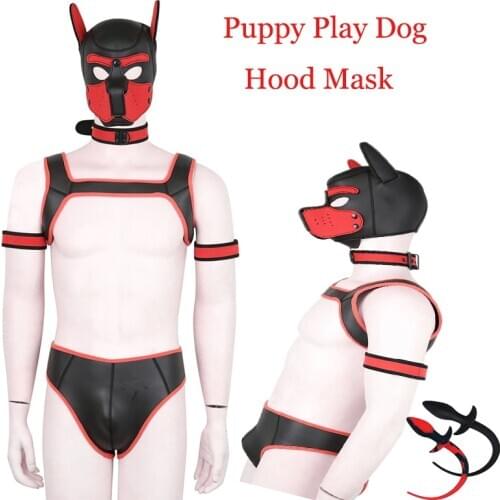Sexy Man Puppy Play Dog Bondage Hood Mask Collar Armband Cosplay Fantasy Harness Bondage Adult Games Slave Pup Role Play Couples