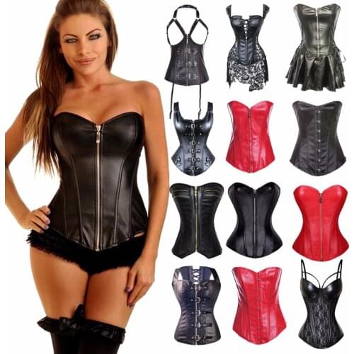 Sexy Women Leather Gothic Bustier Steampunk Corset Steel Boned Corselet Overbust Lace Up Women Waist Cincher Corsets Black