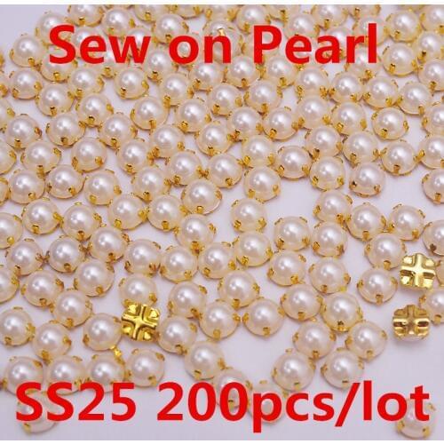 TPSMOC 5mm 6mm 7mm 8mm golden base ivory color sewing Pearls Beads Rhinestones Stones DIY for Garment,Wedding Dresses