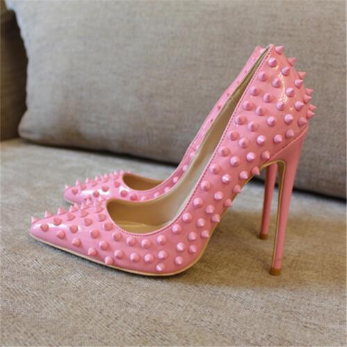 Fashion free shipping women pink patent leather studded Poined Toe Stiletto high heel pump HIGH-HEELED SHOES Wedding Shoes