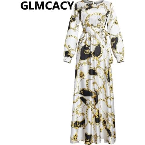 Long Sleeve Vintage Chain Printed Muslim Maxi Dress Elegant Evening Party Long Dress