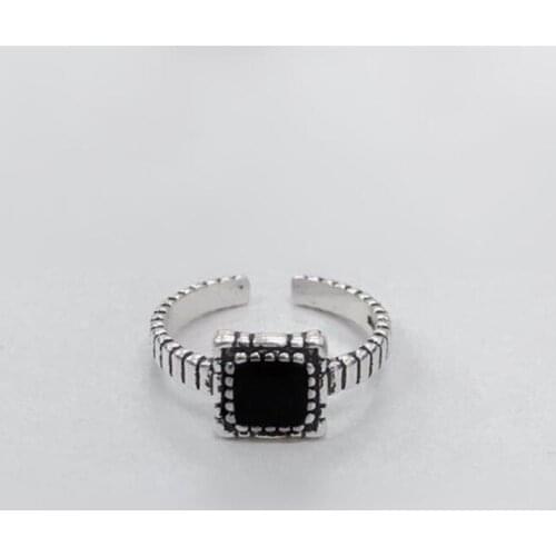 Fine 925 Sterling Silver Retro Jewelry Agate Epoxy Black Square Geometric Open Rings for Women Cool Girl Accessories Gifts SR345