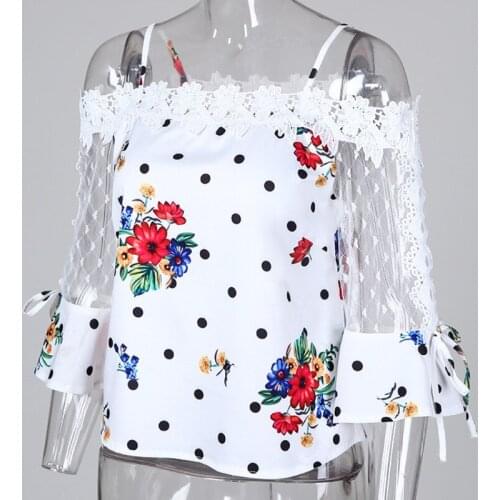 2021 Autumn Women Elegant Stylish Party Top Female Fashion Basic Casual Shirt Cold Shoulder Mesh Insert Dots Floral Print Blouse