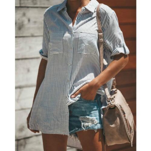 Blouse Plus Size Womens Striped 2018 Pockets Loose Casual Shirt Ladies Long Sleeve Tops Blouse