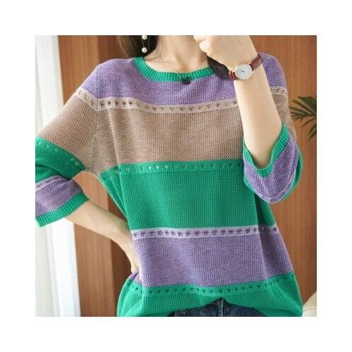 Autumn Loose Color Hollowed Out Bottoming Shirt Knitted Seven Sleeve Pullovers Striped Cashmere Sweater Women Knitted Sweater