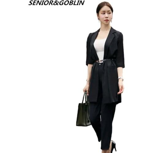 New 2019 Summer Fashion 2 Piece Set Women Autumn Elegant Black White Long Cardigan Tops+High Waist Work OL Pants Set With Belt