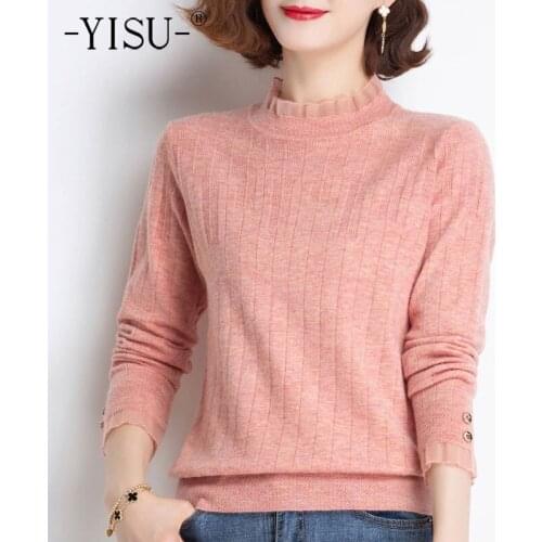 YISU 2021 Casual Spring Women Sweater Half turtleneck stripe Solid color Spring tops Female Jumper Loose Knitted pullover
