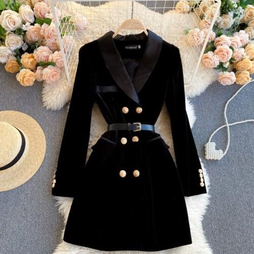 Womens Autumn Winter Runway Fashion Long Sleeve Black Velvet High Waist Suit Dress Female Travel Chic Party Dress TB076