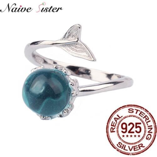 Blue Crystal Mermaid Bubble Open Rings for Women Wedding Band Birthday Gift Creative Fashion Bridal Jewelry